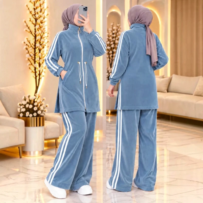 طقم نسائي مخمل مبطن قطعتين – تونيك بخطوط جانبية بمقاسات 40–44