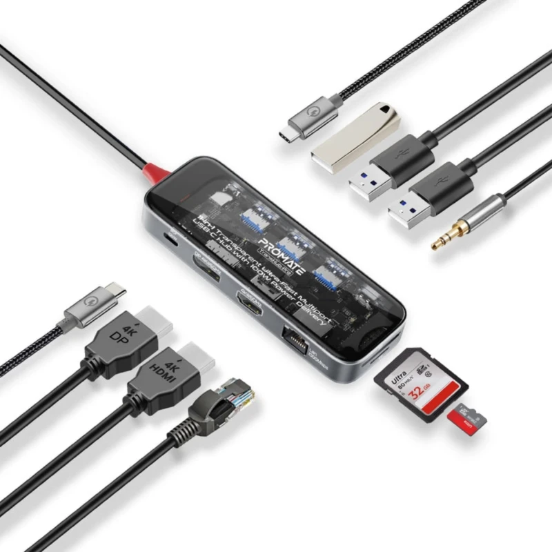 موزع USB-C Promate TransHub-Pro – 11 في 1 وشحن PD حتى 100W