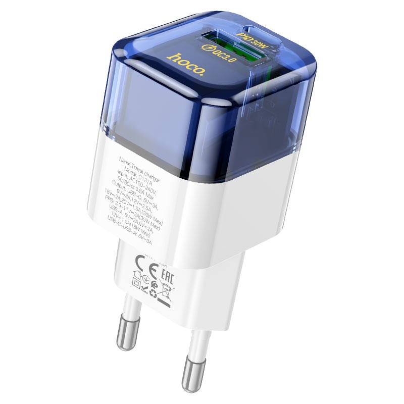 شاحن سريع Hoco C131A بقدرة 30 واط – منفذا Type-C وUSB-A