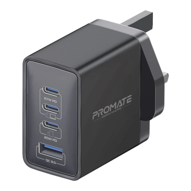 شاحن جداري Promate GaNPort4-67PD – GaN بأربعة منافذ 67 واط