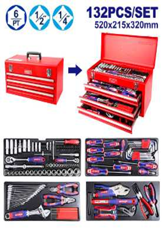 132 Pcs tool chest set  صندوق عدة 3 أدراج معبأة من 132 قطعة EHTS01321